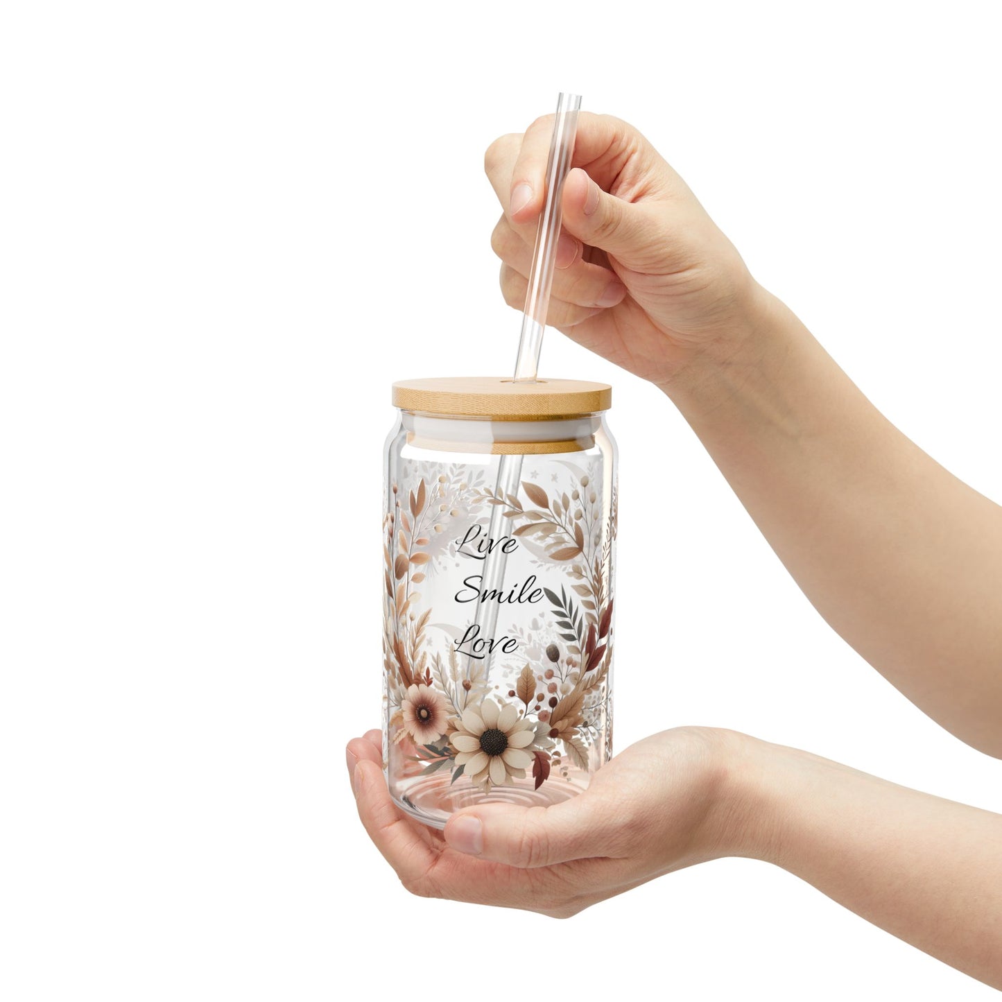 Floral Sipper Glass, Love, Smile, Love, Eco-Friendly Drinkware, Perfect Gift for Tea and Coffee Lovers, Boho Home Decor