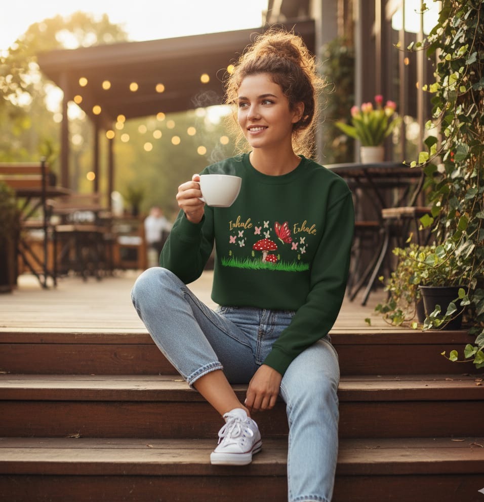 Whimsical Butterfly and Mushroom Crewneck Sweatshirt, Cozy Unisex Sweatshirt, Gift for Nature Lovers, Cute Fall Fashion