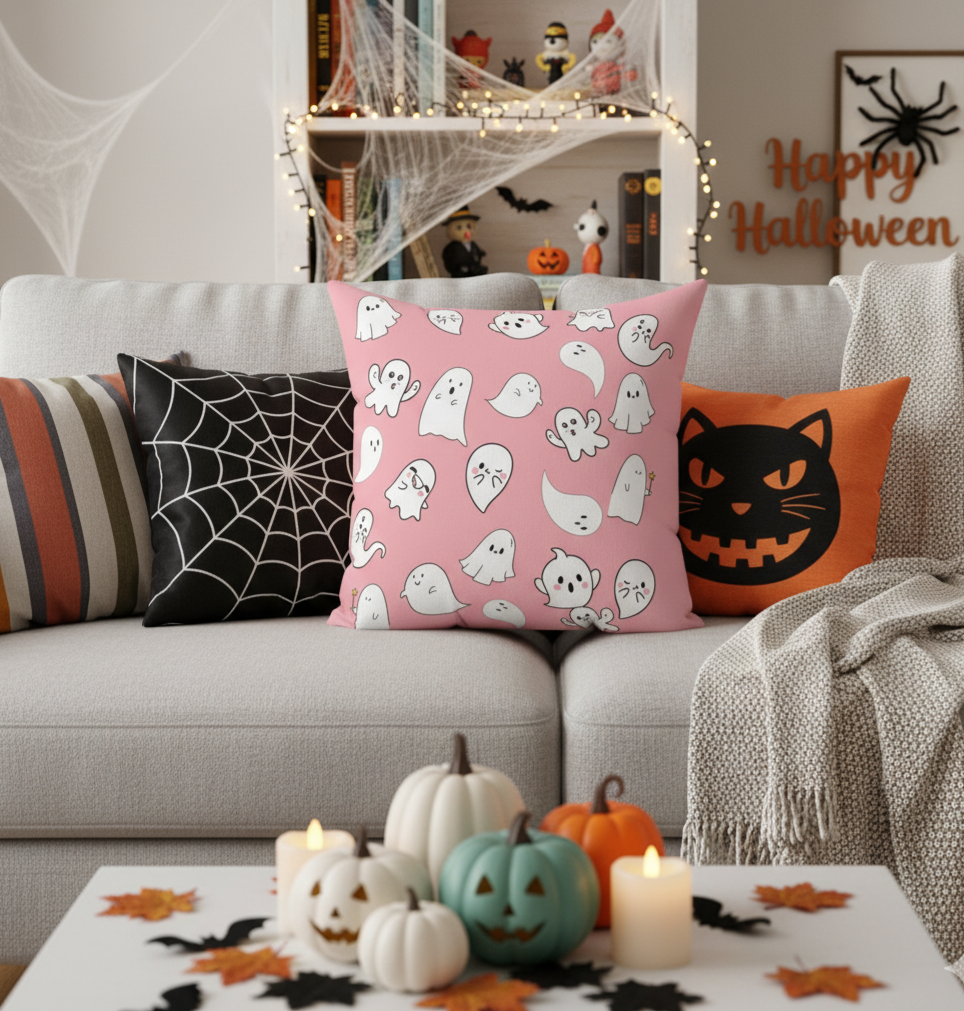 Cute Ghosts Spun Polyester Pillow, Halloween Decoration, Cozy Home Decor, Gift for Kids, Throw Pillow for Spooky Vibes
