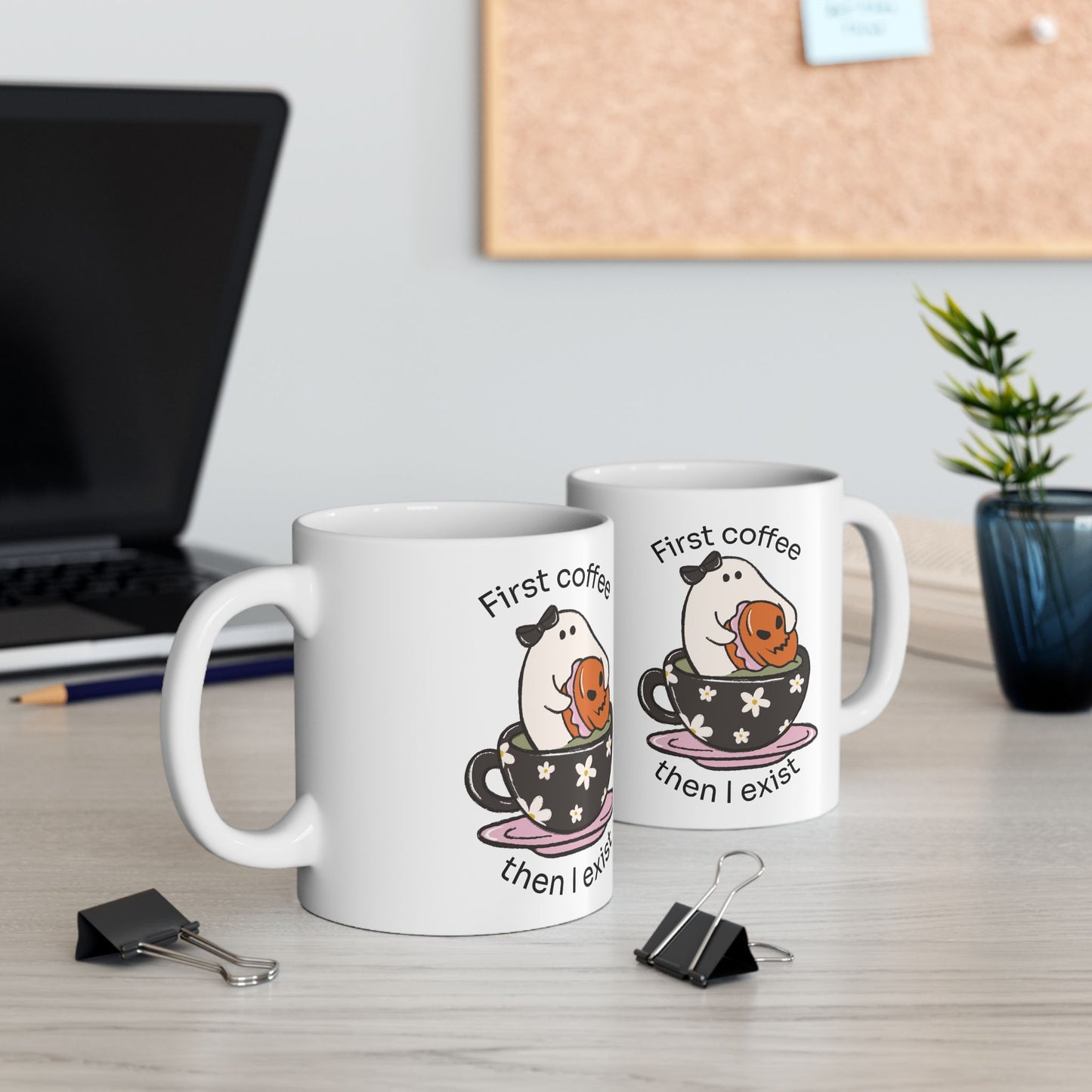 Ghostly Good Coffee Mug - 'First Coffee, Then I Exist' - Spooky Halloween Drinkware, Perfect Gift for Coffee Lovers & Ghost Enthusiasts