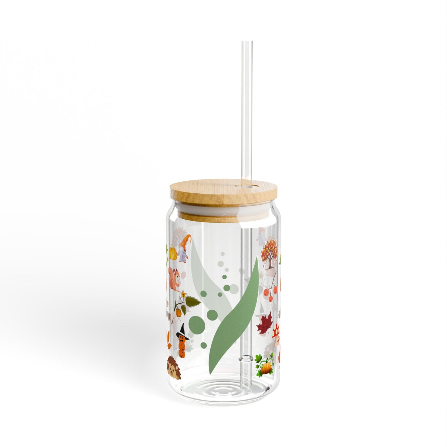 Autumn-Themed Sipper Glass, 16oz | Fall Decor, Eco-Friendly Drinkware, Unique Gift, Seasonal Beverage Container