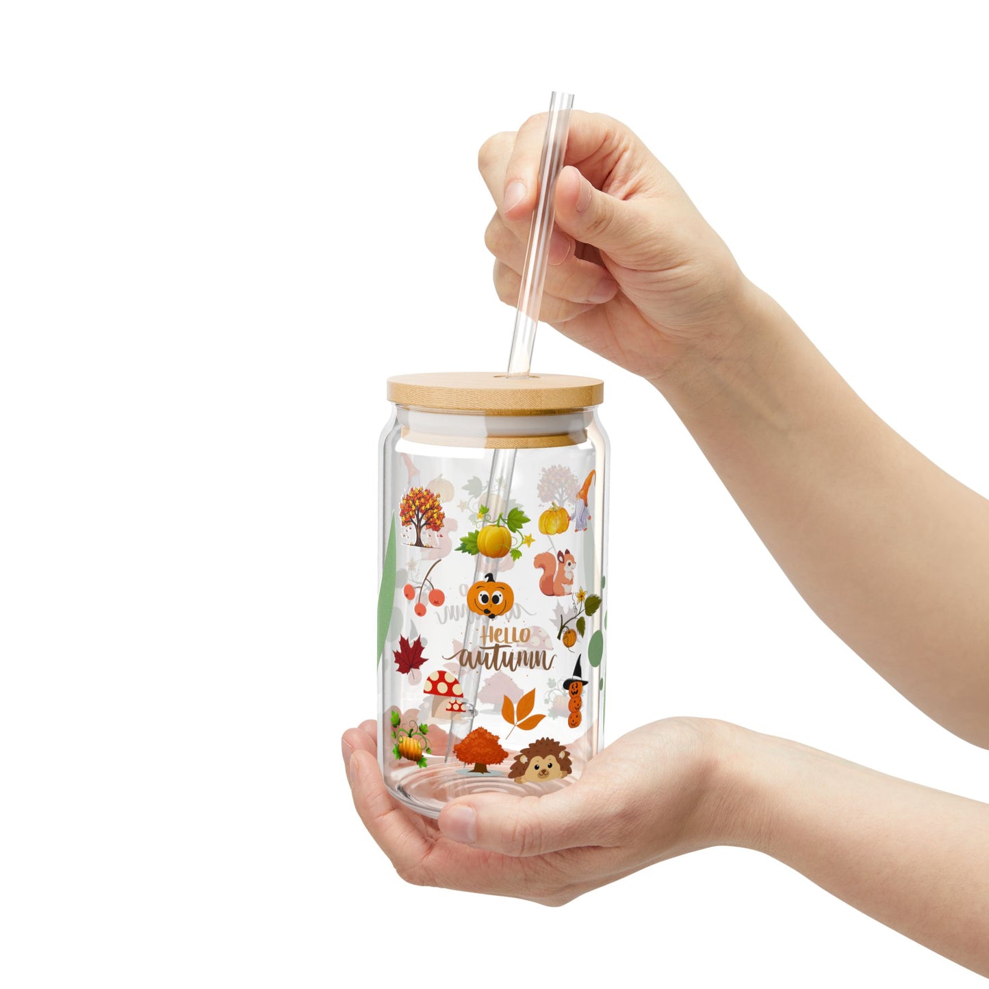 Autumn-Themed Sipper Glass, 16oz | Fall Decor, Eco-Friendly Drinkware, Unique Gift, Seasonal Beverage Container