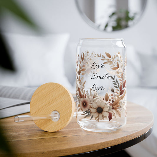 Floral Sipper Glass, Love, Smile, Love, Eco-Friendly Drinkware, Perfect Gift for Tea and Coffee Lovers, Boho Home Decor