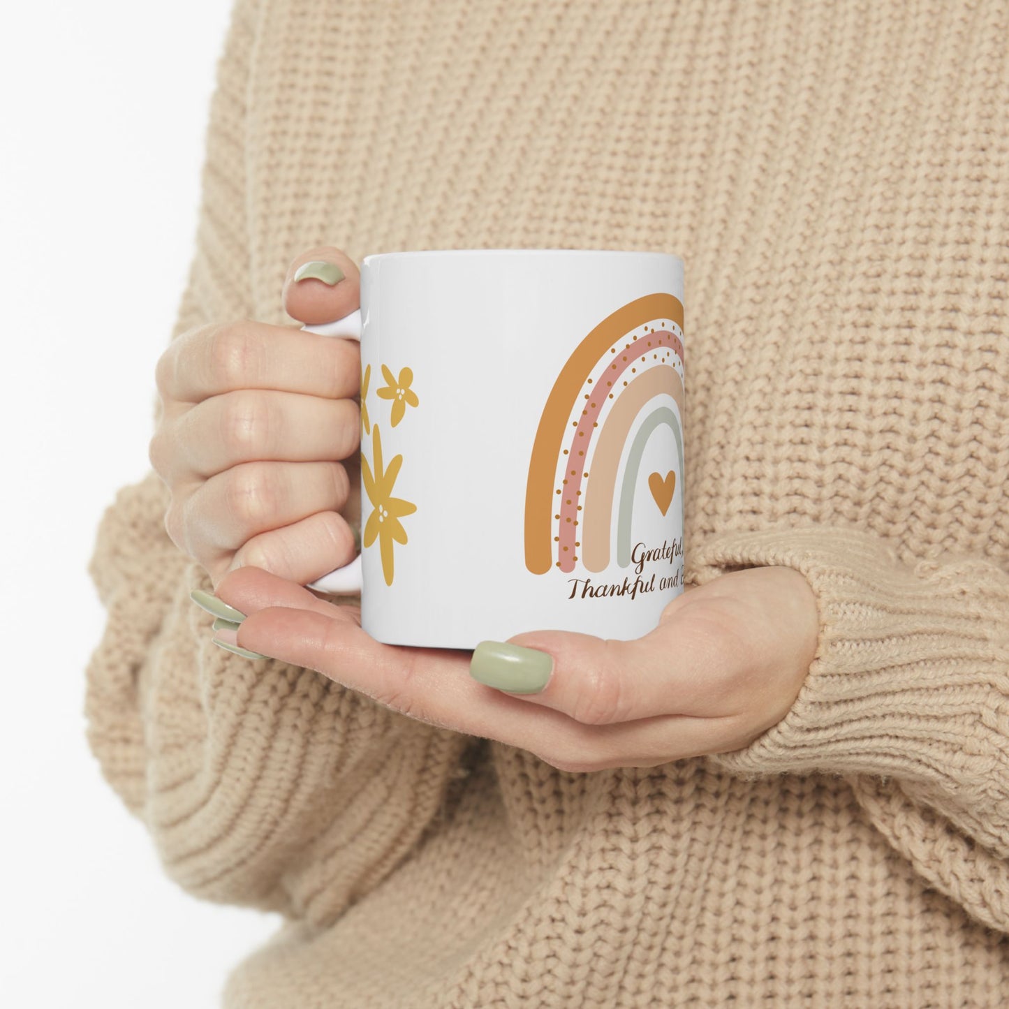 Grateful & Blessed Ceramic Mug, Motivational Coffee Cup, Gift for Friends, Office Decor, Birthday Present, Rainbow Design
