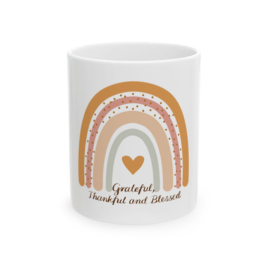 Grateful & Blessed Ceramic Mug, Motivational Coffee Cup, Gift for Friends, Office Decor, Birthday Present, Rainbow Design
