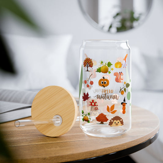Autumn-Themed Sipper Glass, 16oz | Fall Decor, Eco-Friendly Drinkware, Unique Gift, Seasonal Beverage Container