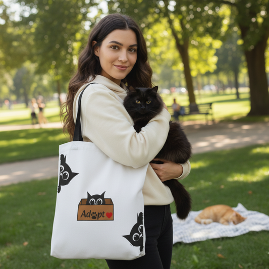 Adopt a Cat Tote Bag | Black Cat Lover Gift, Eco-Friendly Bag, Pet Adoption Awareness, Funny Cat Tote, Animal Rescue Decor